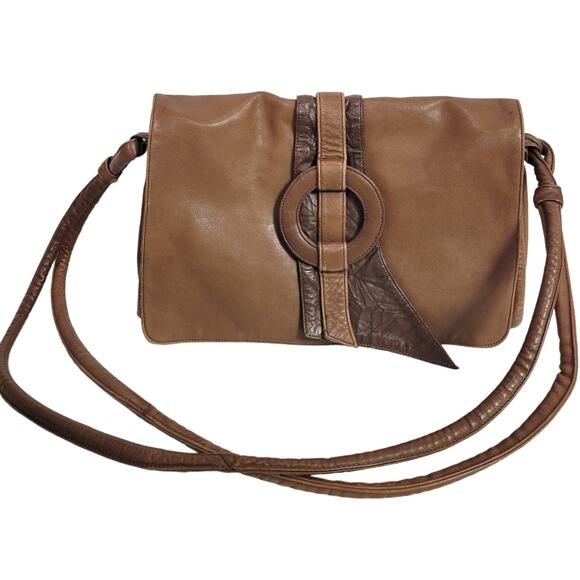 Leather Messenger Bag Vintage Brown Patchwork Pieced Shoulder Crossbody Slouchy - Picture 1 of 16